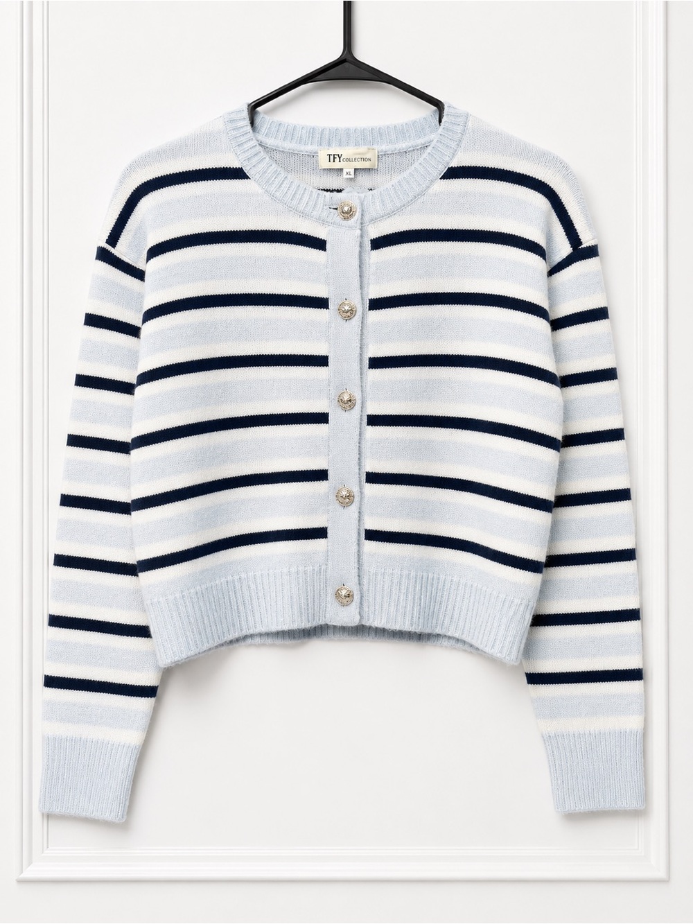 Striped Light Blue & Navy Crewneck Cardigan